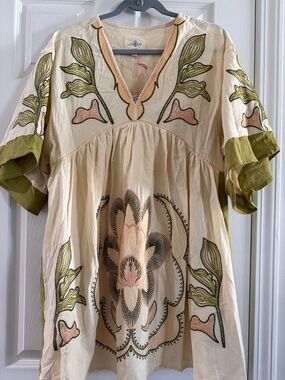 Umgee Cream Embroidered Boho Dress with Olive & Blush Detail